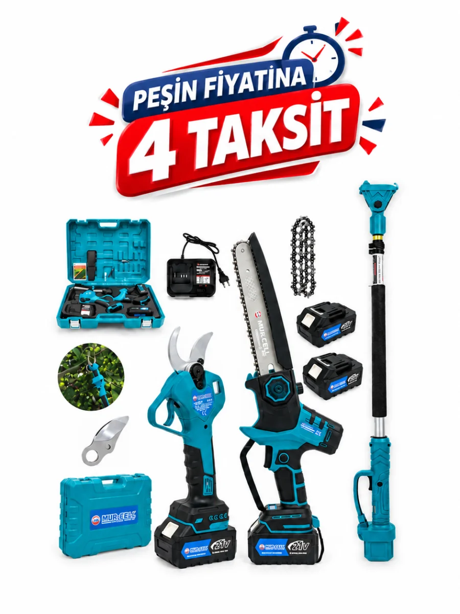 Mur-Cell Dijital Göstergeli 3 lü set 50mm Budama Makası + Kömürsüz Testere + Teleskobik kol